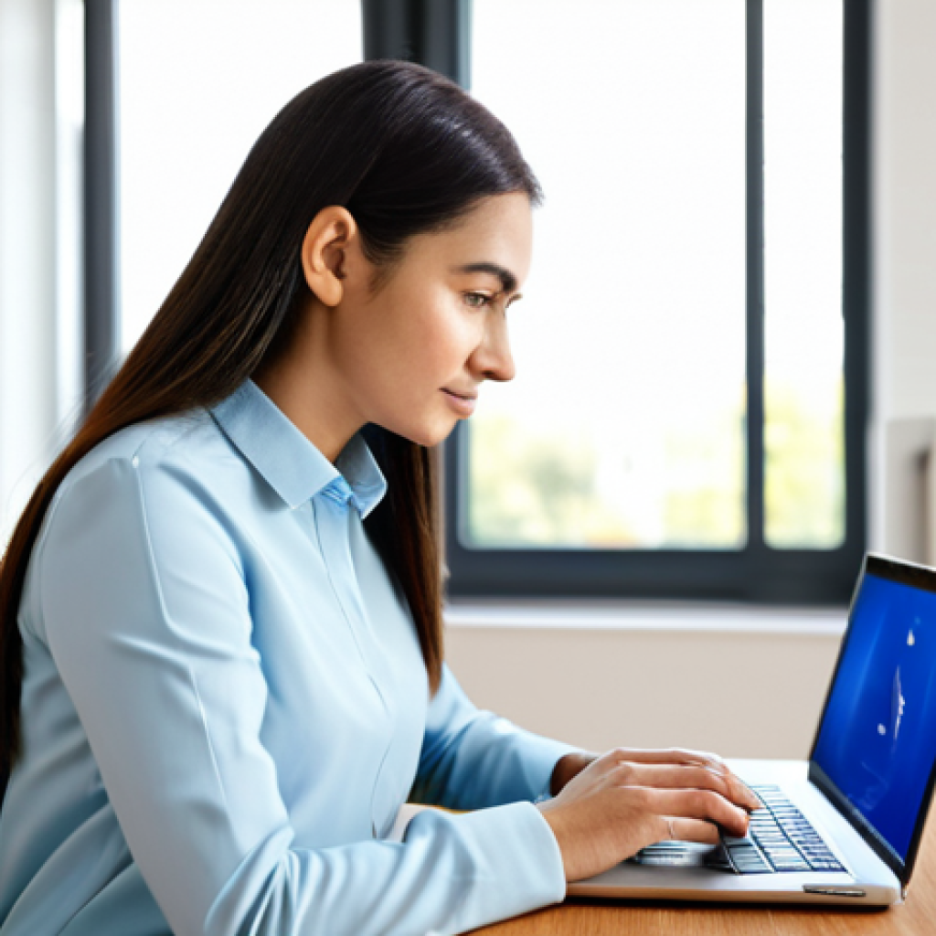A professional woman, fully clothed in a modest business casual top and trousers, sits comfortably at a clean, modern desk in a well-lit home office. She is focused on her laptop, which displays an online learning platform, with several professional books stacked neatly beside it. The background is softly blurred, indicating a serene learning environment. Perfect anatomy, correct proportions, natural pose, well-formed hands, proper finger count, natural body proportions. High-resolution, professional photography, appropriate content, safe for work, family-friendly.