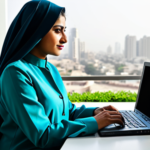 Home 15 레이디버그 영어 더빙 배우 - ** A professional businesswoman in a modest, tailored shalwar kameez, working on a laptop in a brigh...