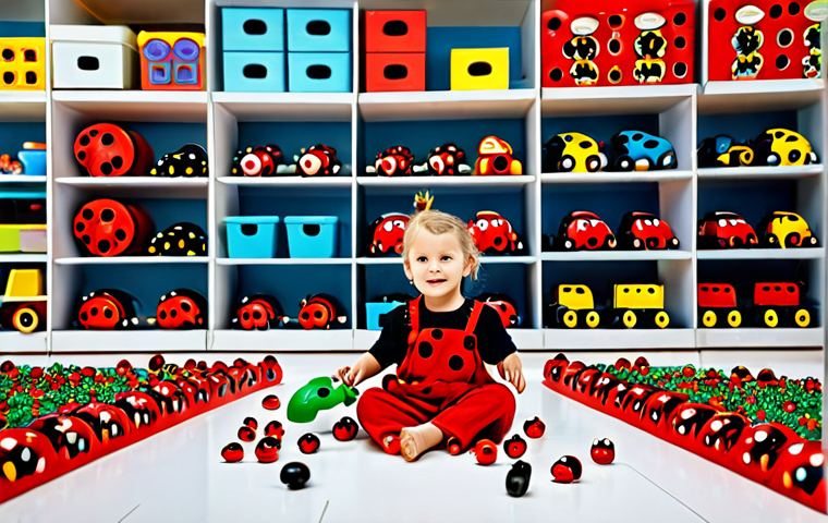레이디버그 상품화 전략 - **Ladybug Toys:** "A vibrant and colorful display of Ladybug-themed toys in a children's store, full...
