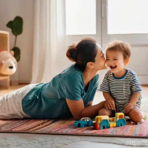 Home 3 아드리앙 가정환경 설정 - A heartwarming scene of a mother and father gently embracing their toddler. The toddler is wearing a...