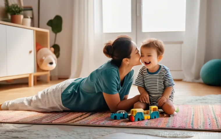 아드리앙 가정환경 설정 - A heartwarming scene of a mother and father gently embracing their toddler. The toddler is wearing a...