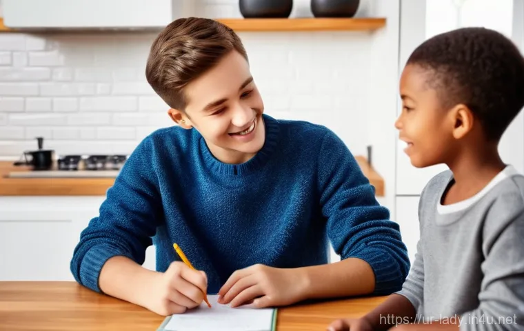 아드리앙 가정환경 설정 - A parent and their child (around 6-8 years old, dressed in modest, comfortable clothing like a t-shi...